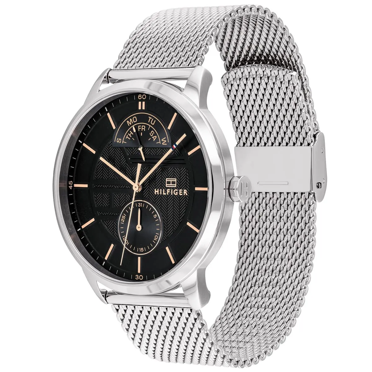 1791610 tommy hilfiger watch men black dial mesh metal stainless steel silver strap quartz battery analog three hand hunter 2 1