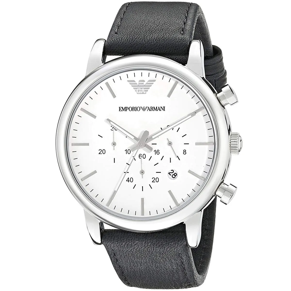 ar1807 emporio armani watch men white dial leather black strap quartz battery analog chronograph luigi