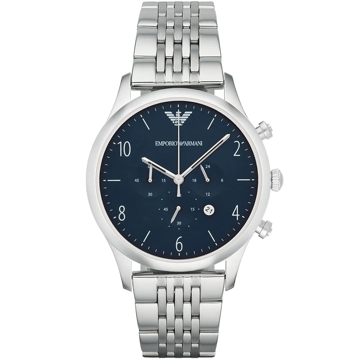 ar1942 emporio armani watch men blue dial stainless steel metal silver strap quartz battery analog chronograph beta large
