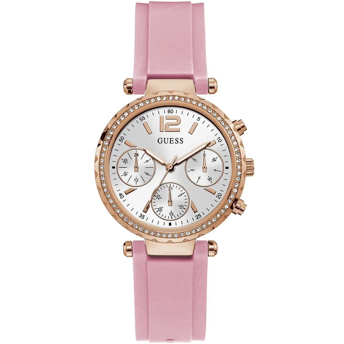 gw0113l4 guess watch women silver dial rubber pink strap quartz battery analog crystals solstice 1