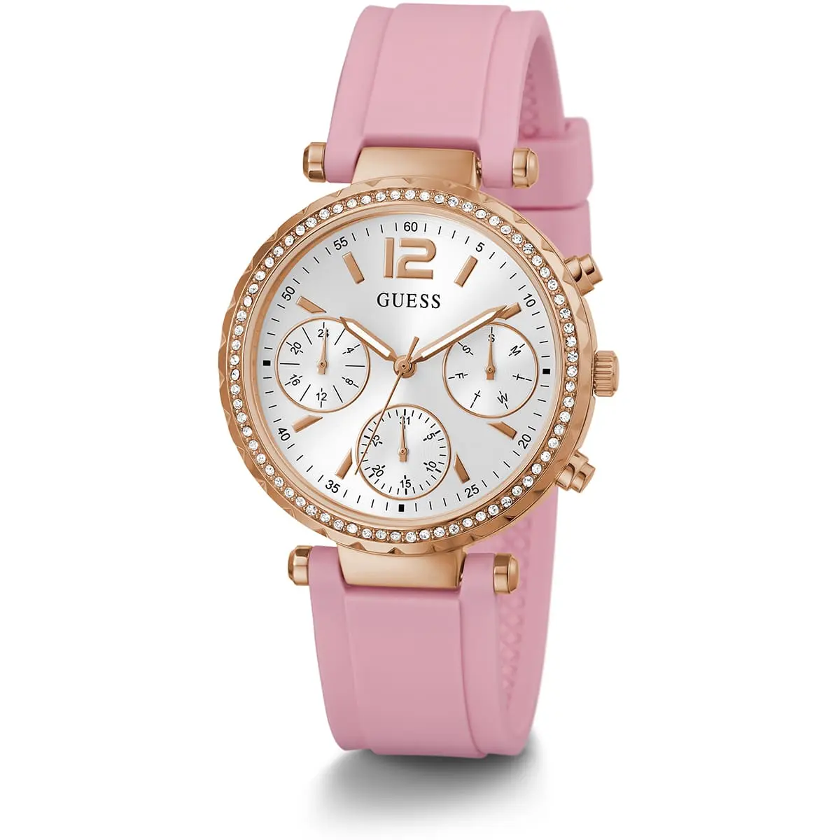 gw0113l4 guess watch women silver dial rubber pink strap quartz battery analog crystals solstice 5 1