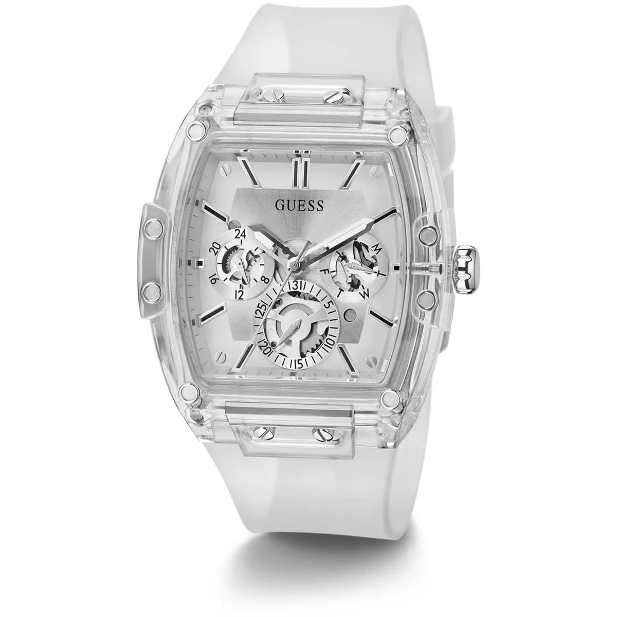 gw0203g1 guess square watch men silver dial rubber transparent strap quartz battery analog