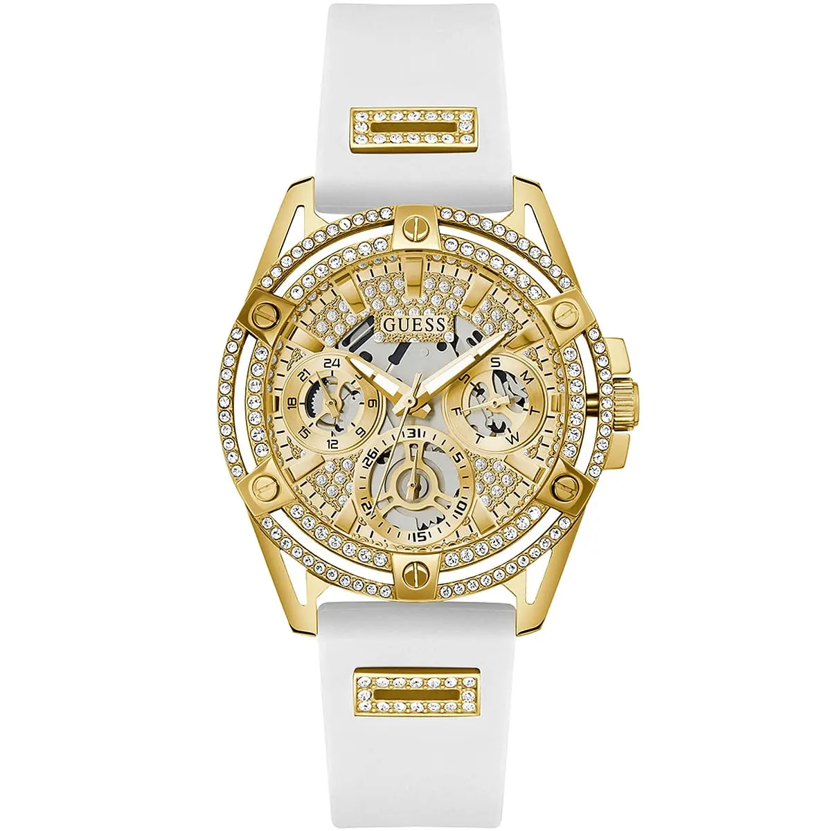 gw0536l2 guess watch women gold dial rubber white strap quartz battery analog crystals queen