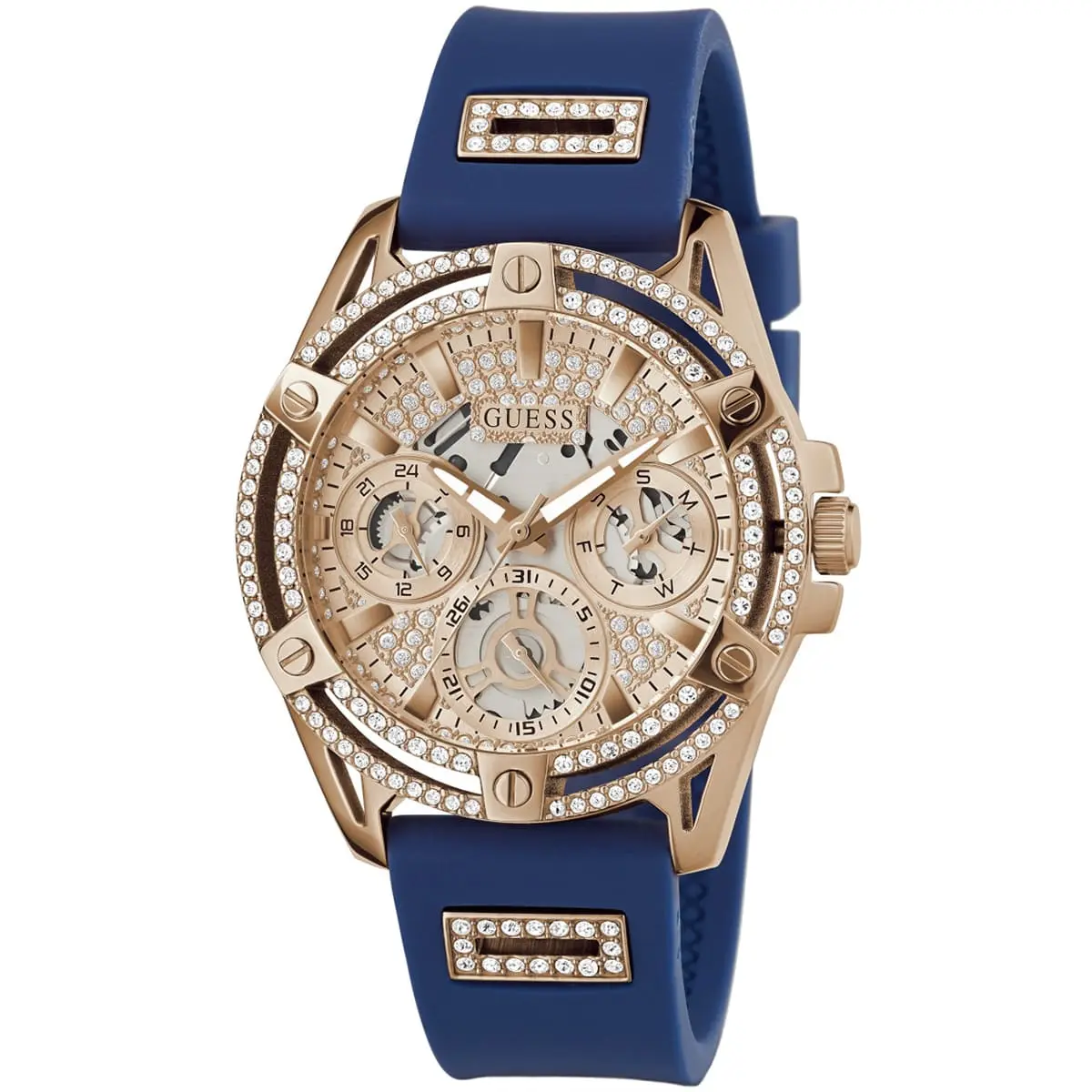 gw0536l5 guess watch women rose gold dial rubber blue strap quartz battery analog crystals queen 2