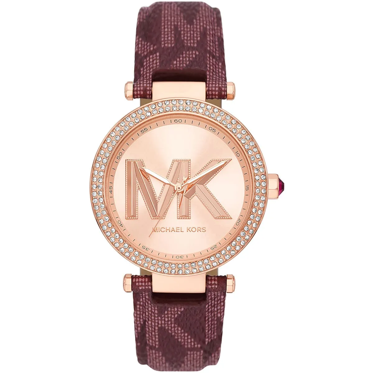 mk2974 michael kors watch women crystals mk logo rose gold dial polyurethane chloride burgundy strap quartz battery analog three hand parker