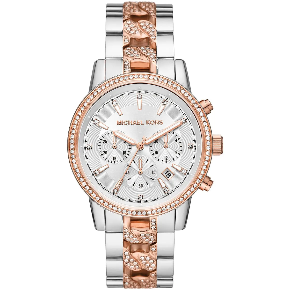 mk6938 michael kors watch women crystals silver dial metal stainless steel rose gold two tone strap quartz battery analog chronograph ritz