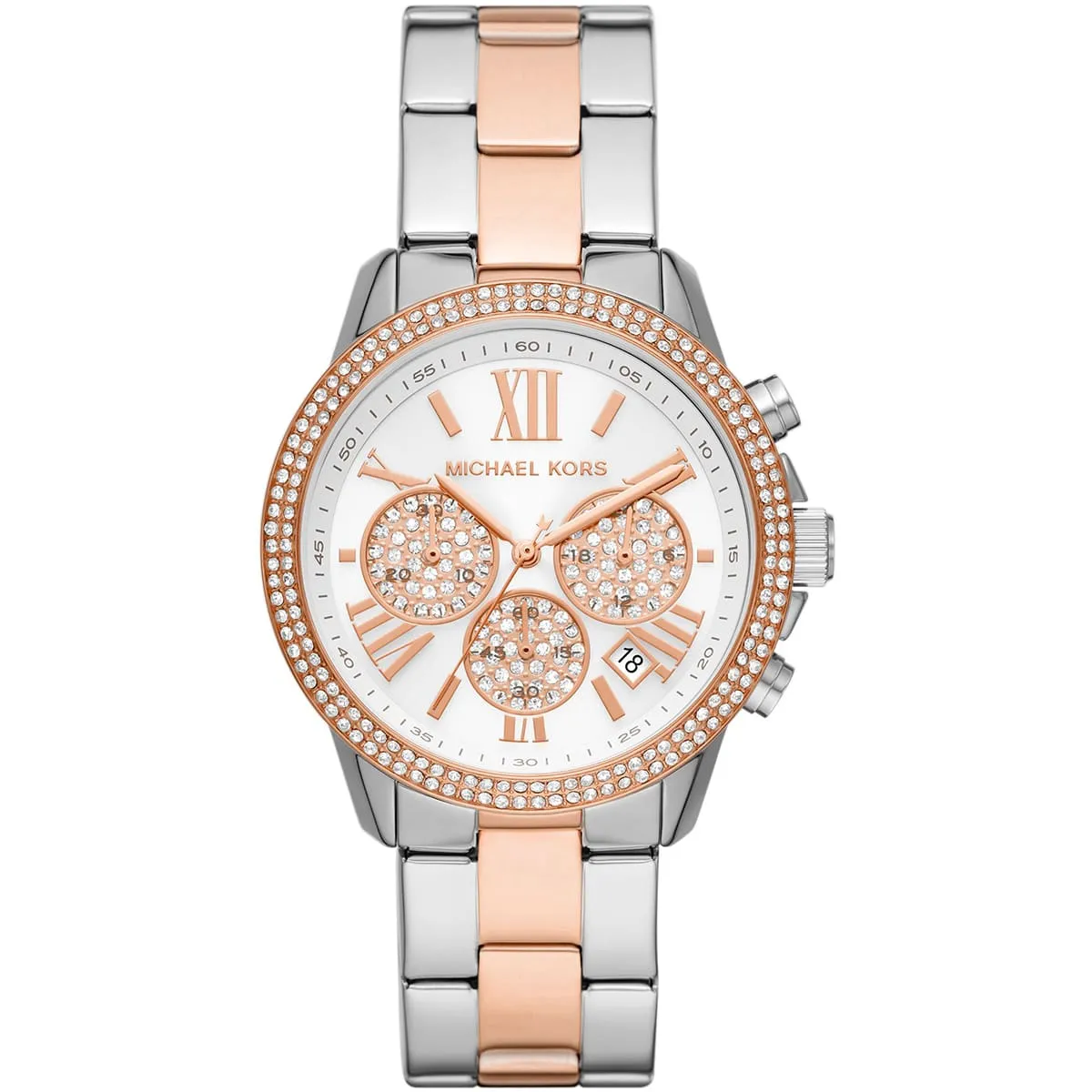 mk7201 michael kors watch women crystals white dial metal stainless steel silver rose gold two tone strap quartz battery analog chronograph brynn