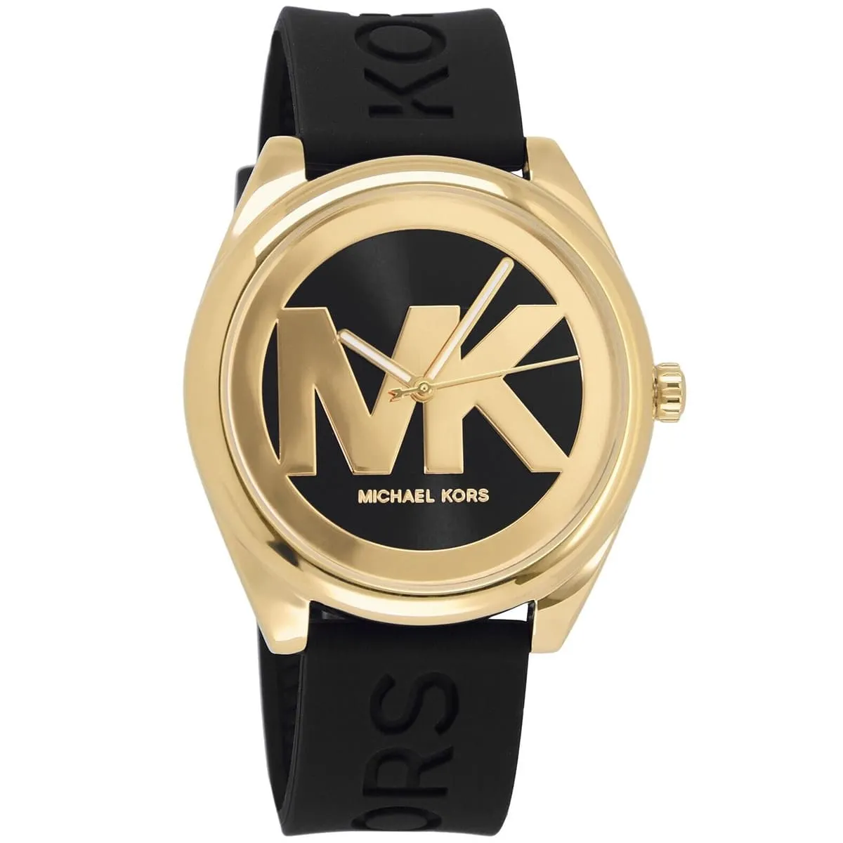 mk7313 michael kors watch women mk logo black dial rubber strap quartz battery analog three hand janelle 2
