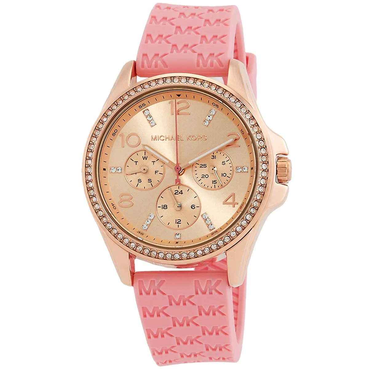 mk7375 michael kors watch women mk logo rose gold dial rubber pink strap quartz battery analog mini pilot 3