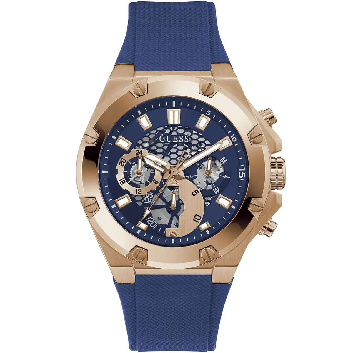 gw0334g3 guess watch men blue dial rubber strap quartz battery analog third gear