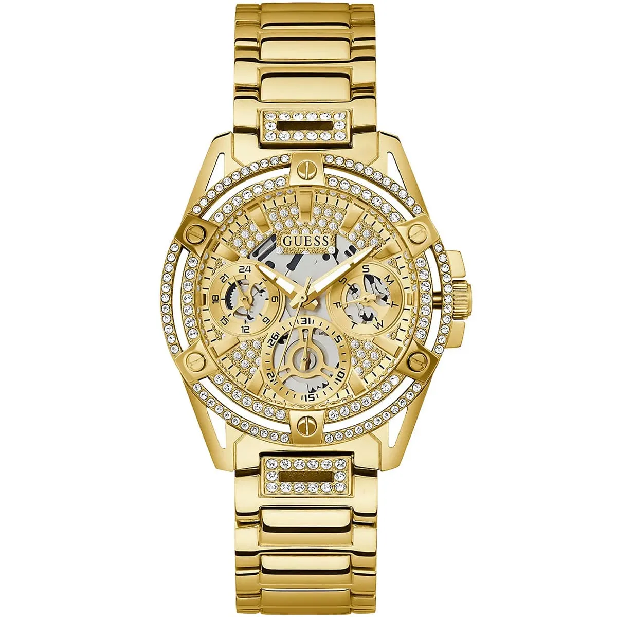 gw0464l2 guess watch women crystals gold dial metal stainless steel golden strap quartz battery analog crystal queen