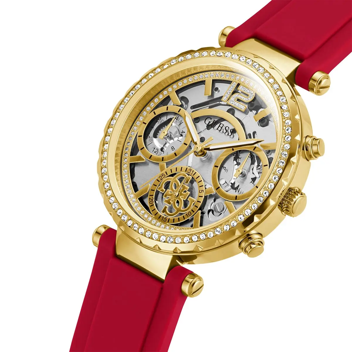 gw0484l1 guess watch women transparent dial rubber red strap quartz battery analog solstice 2
