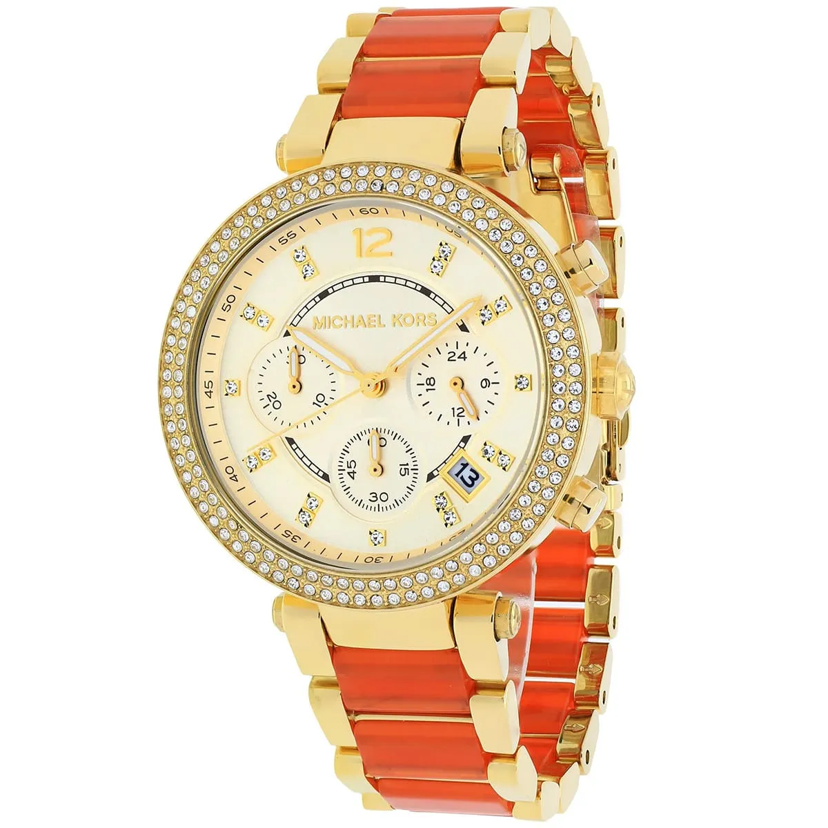 mk6139 michael kors watch women crystals gold dial multi orange golden strap quartz battery analog chronograph parker 2