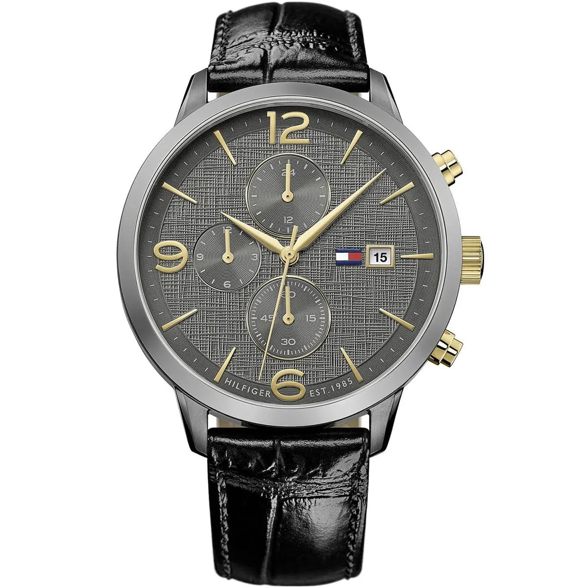1710357 tommy hilfiger watch men gray dial leather black strap quartz battery analog chronograph liam