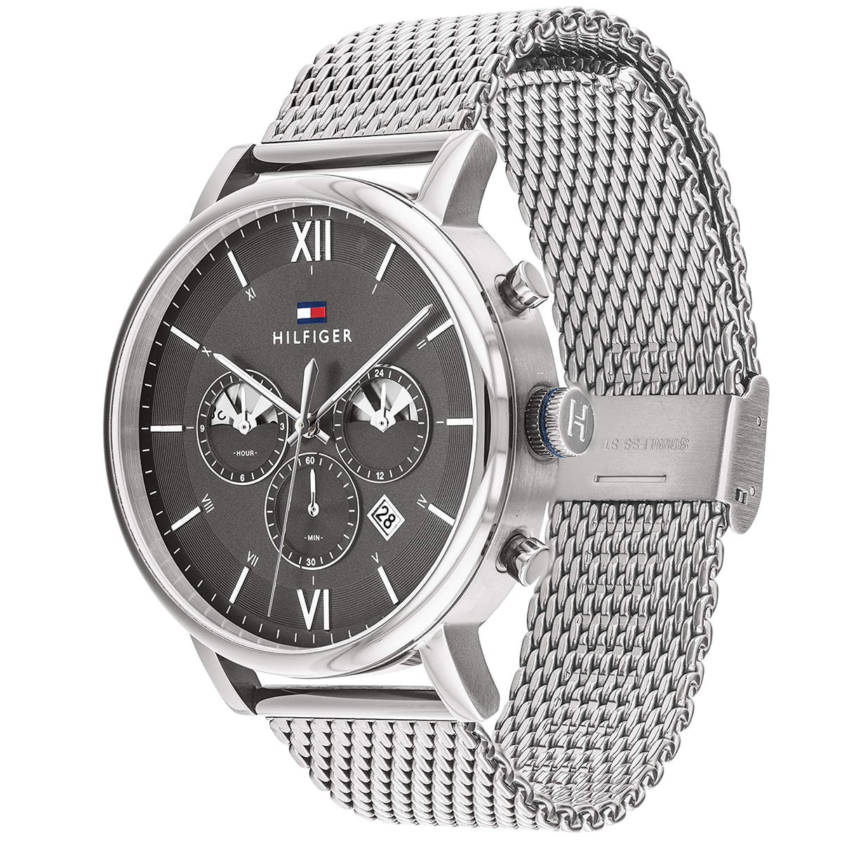 1710396 tommy hilfiger watch men gray dial stainless steel metal silver strap quartz battery analog chronograph mesh gunmetal evan 3