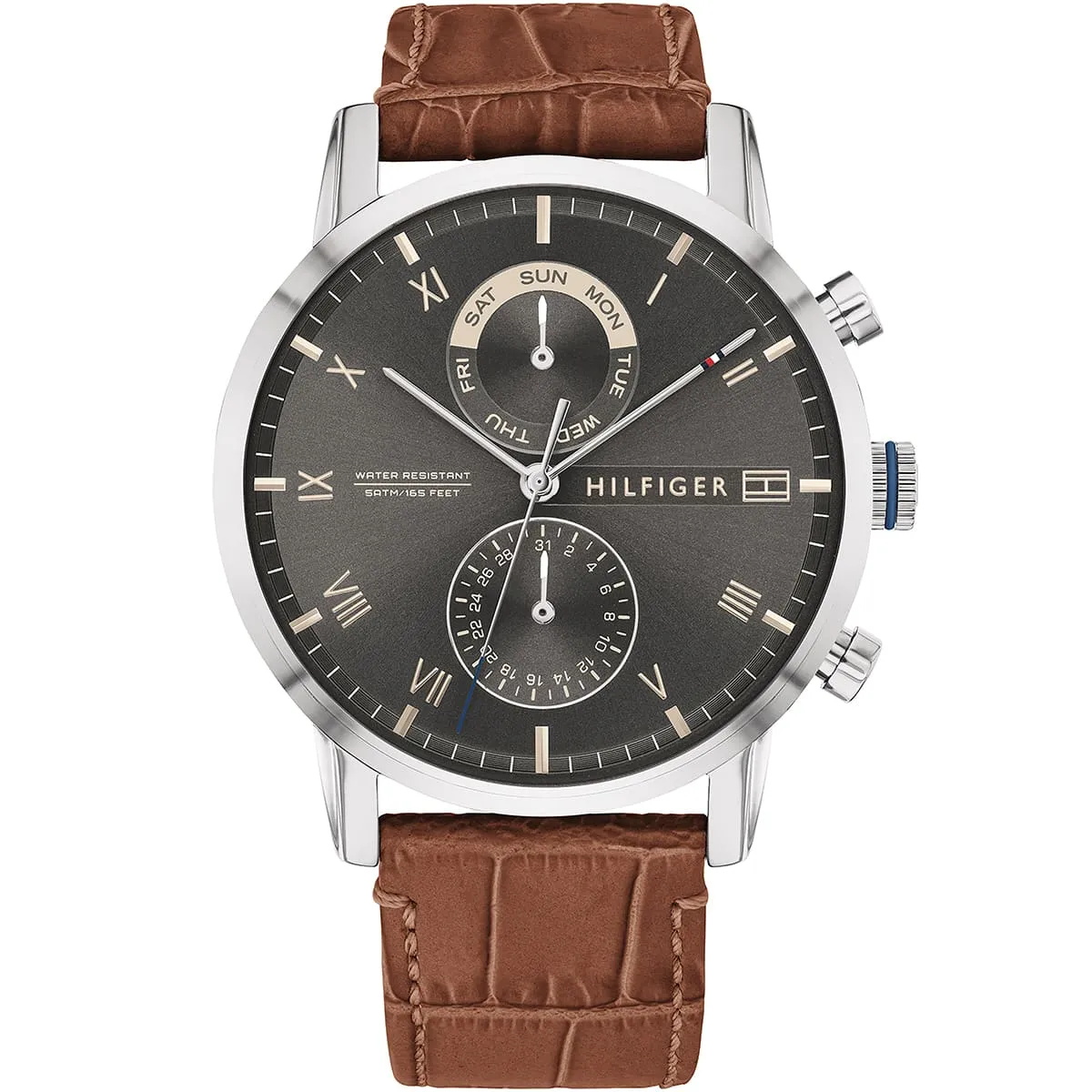 1710398 tommy hilfiger watch water resistant 5atm 165 feet men gray dial gunmetal leather brown strap quartz battery analog three hand kane