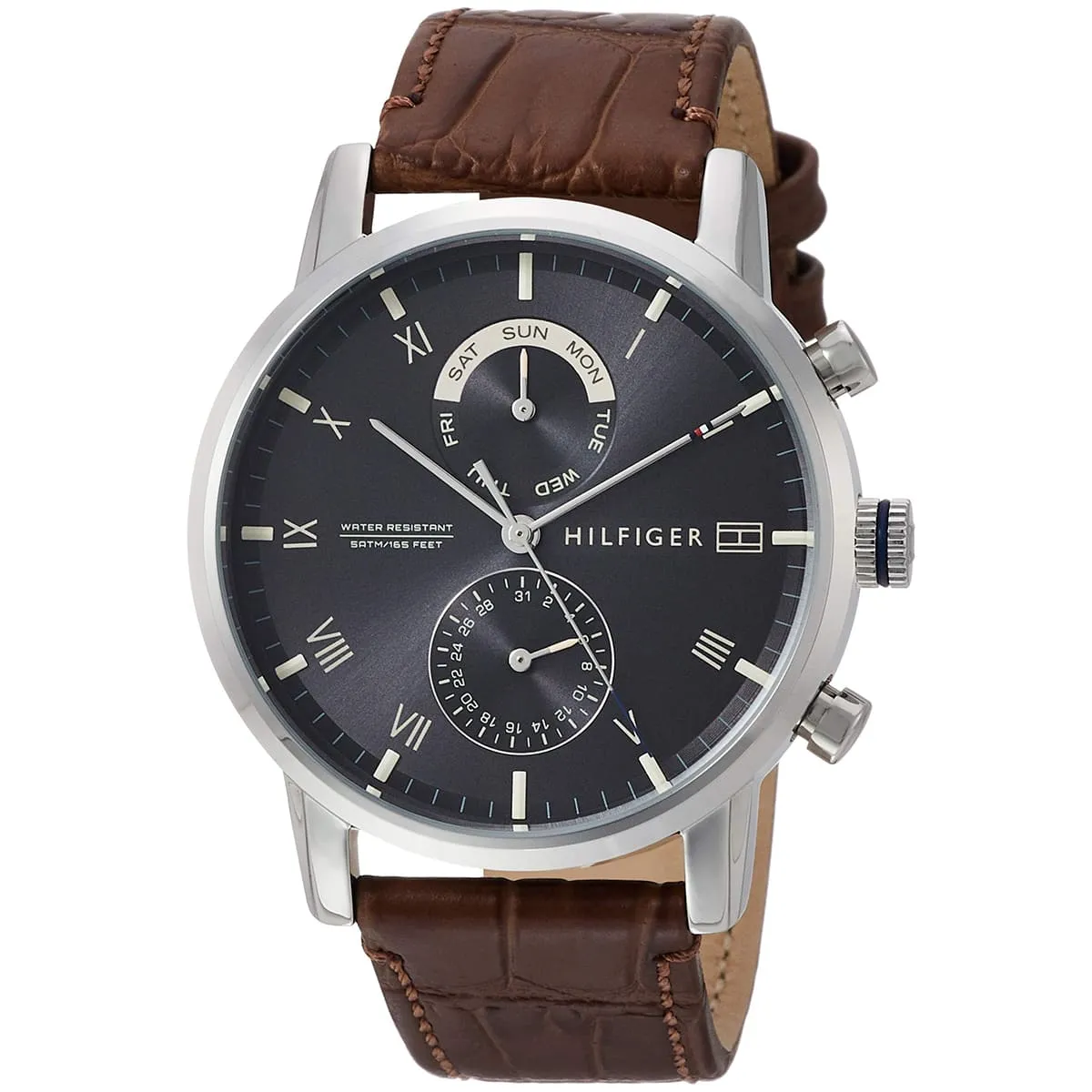 1710398 tommy hilfiger watch water resistant 5atm 165 feet men gray dial gunmetal leather brown strap quartz battery analog three hand kane 2