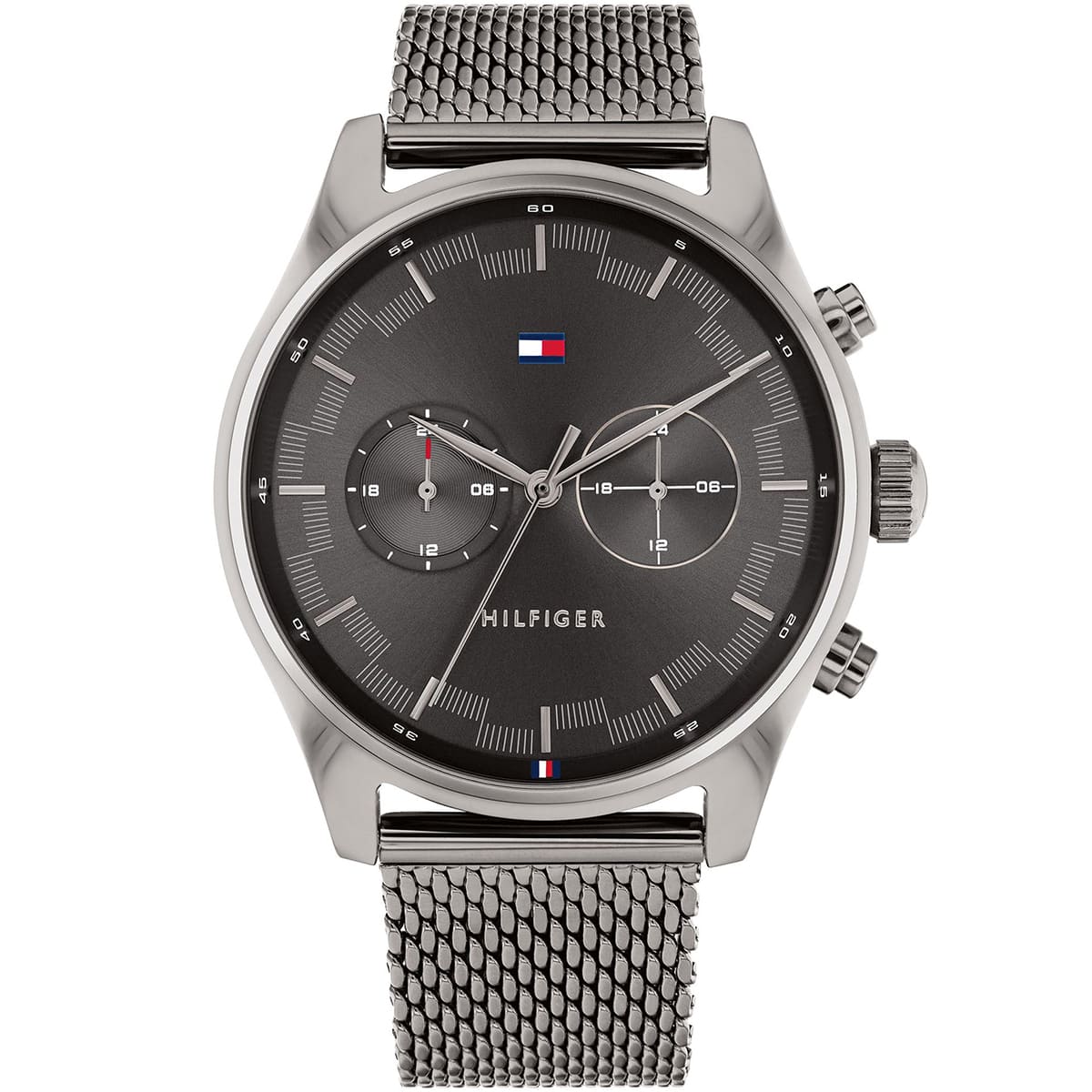 1710421 tommy hilfiger watch men gray dial stainless steel metal grey strap quartz battery analog dual time mesh sawyer