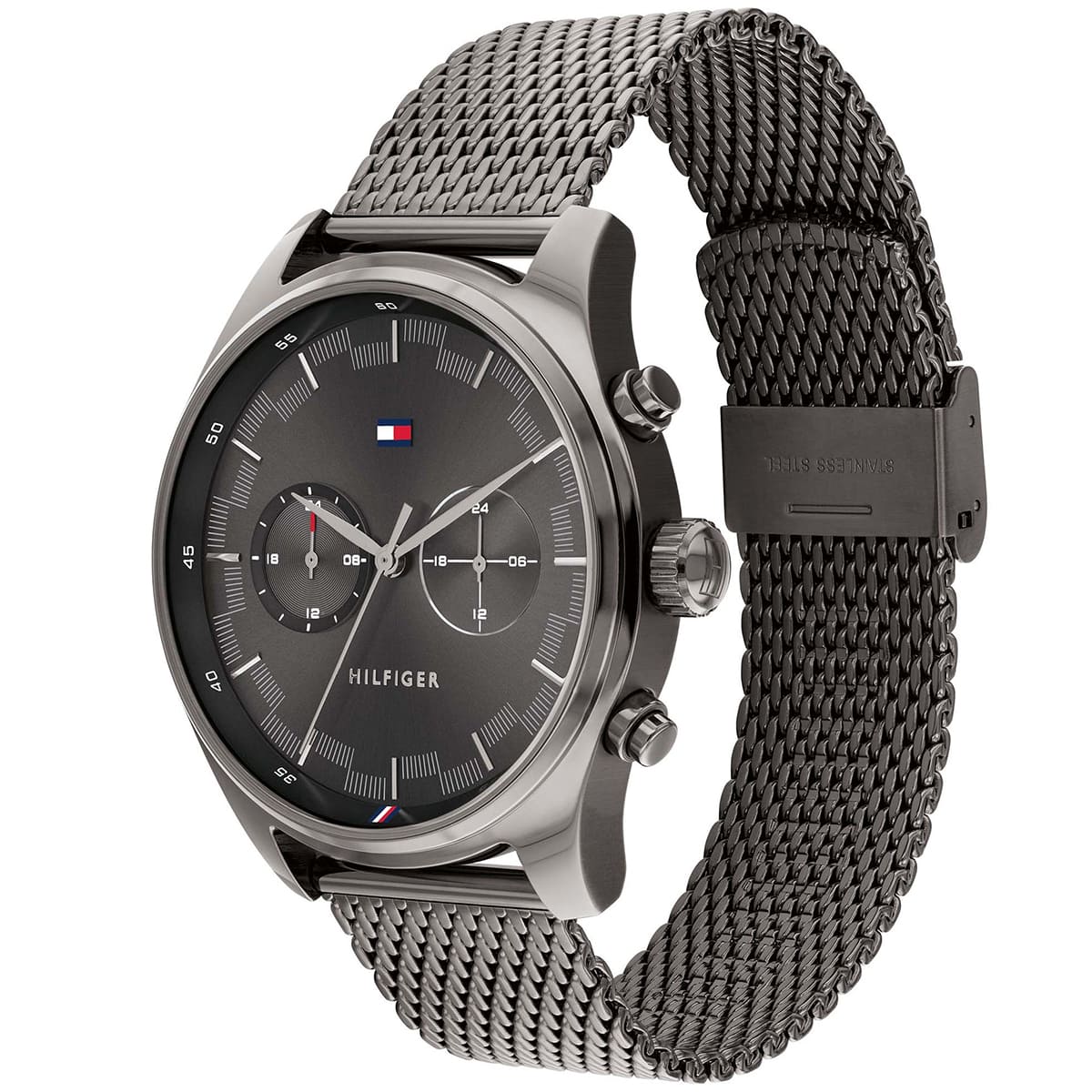 1710421 tommy hilfiger watch men gray dial stainless steel metal grey strap quartz battery analog dual time mesh sawyer 2