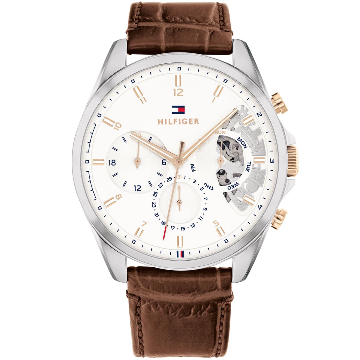 1710450 tommy hilfiger watch men white dial leather brown strap quartz battery analog monthly weekly date baker