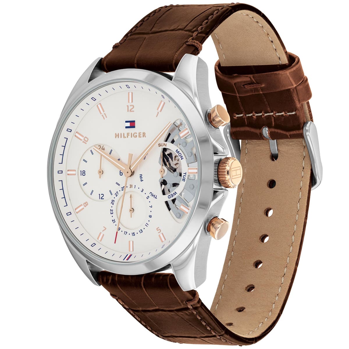 1710450 tommy hilfiger watch men white dial leather brown strap quartz battery analog monthly weekly date baker 3