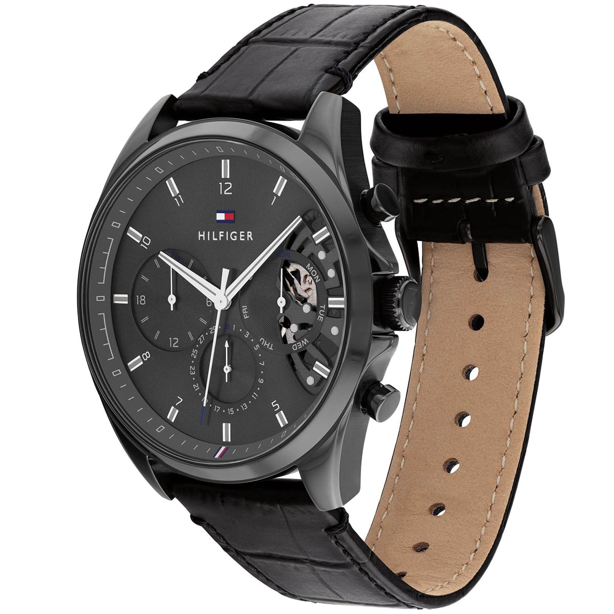 1710452 tommy hilfiger watch men black dial leather strap quartz battery analog monthly weekly date baker 2
