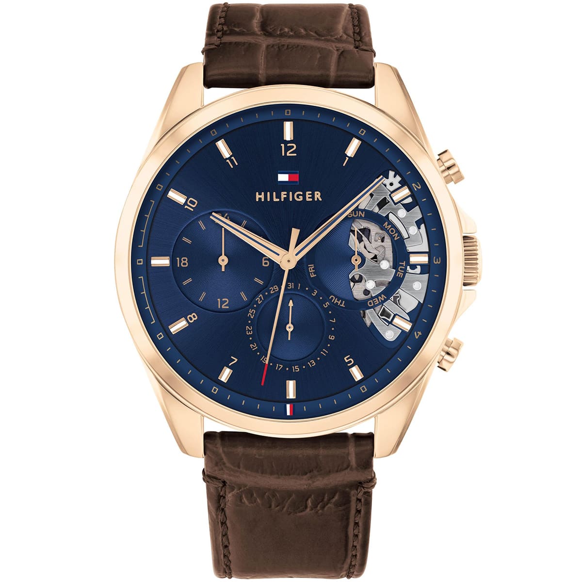 1710453 tommy hilfiger watch men blue dial leather brown strap quartz battery analog monthly weekly date baker