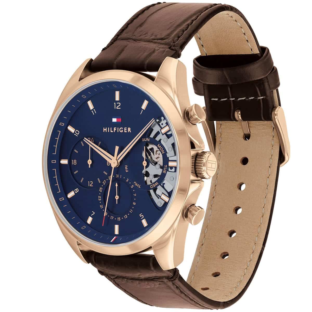 1710453 tommy hilfiger watch men blue dial leather brown strap quartz battery analog monthly weekly date baker 2