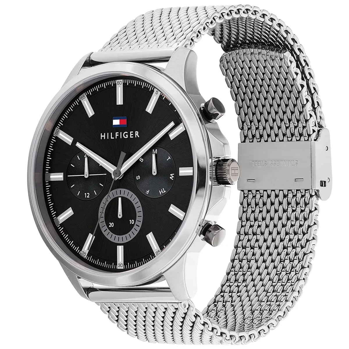 1710498 tommy hilfiger watch men black dial mesh metal stainless steel silver strap quartz battery analog ryder 2