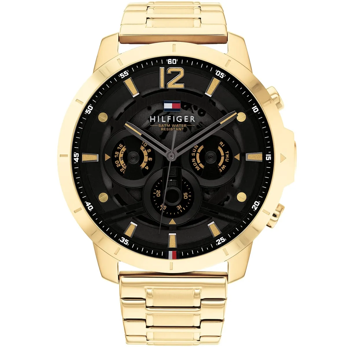 1710511 tommy hilfiger watch men black dial metal stainless steel gold strap quartz battery analog
