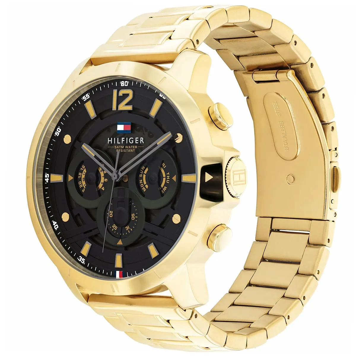 1710511 tommy hilfiger watch men black dial metal stainless steel gold strap quartz battery analog 2