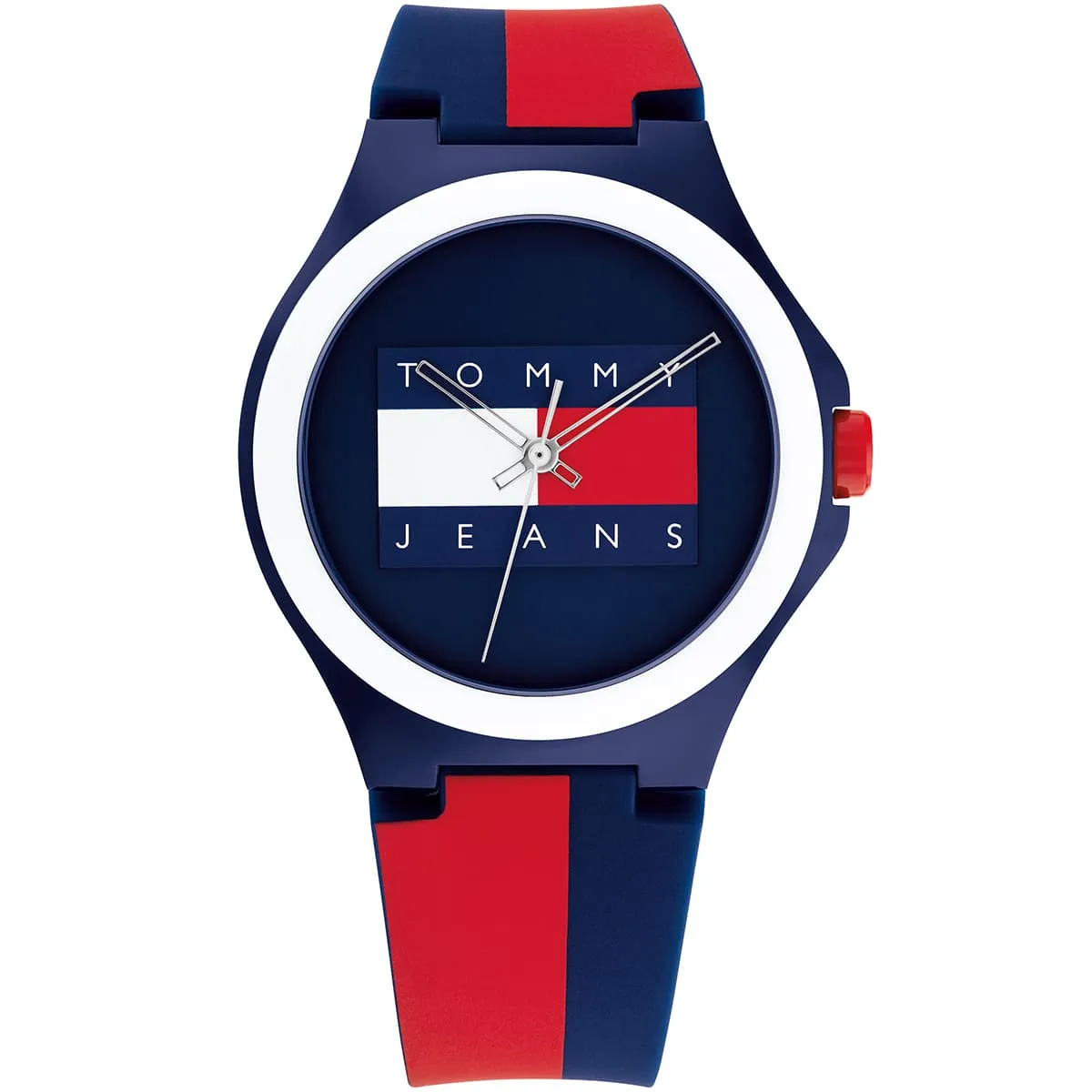 1720025 tommy hilfiger watch jeans unisex blue dial rubber red strap quartz battery analog three hand berlin