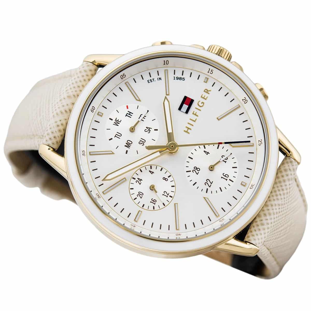 1781790 tommy hilfiger watch women silver dial leather beige strap quartz battery analog monthly weekly date carly 3