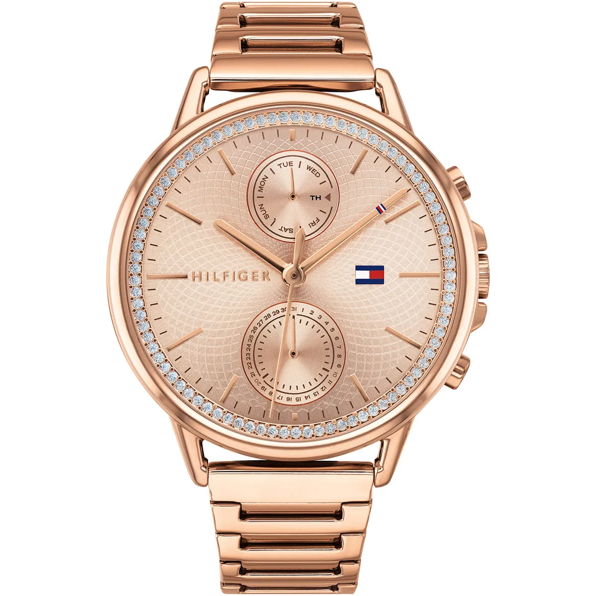 1781915 tommy hilfiger watch women crystals rose gold dial metal stainless steel golden strap quartz battery analog three hand carly