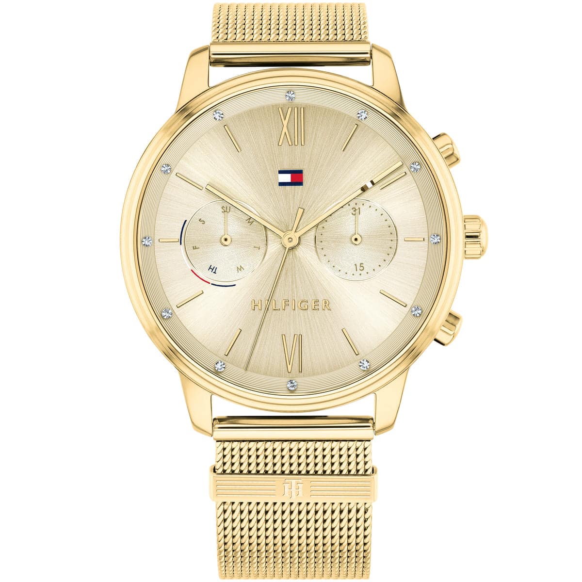 1782302 tommy hilfiger watch women gold dial stainless steel metal golden mesh strap quartz analog day date month blake 1