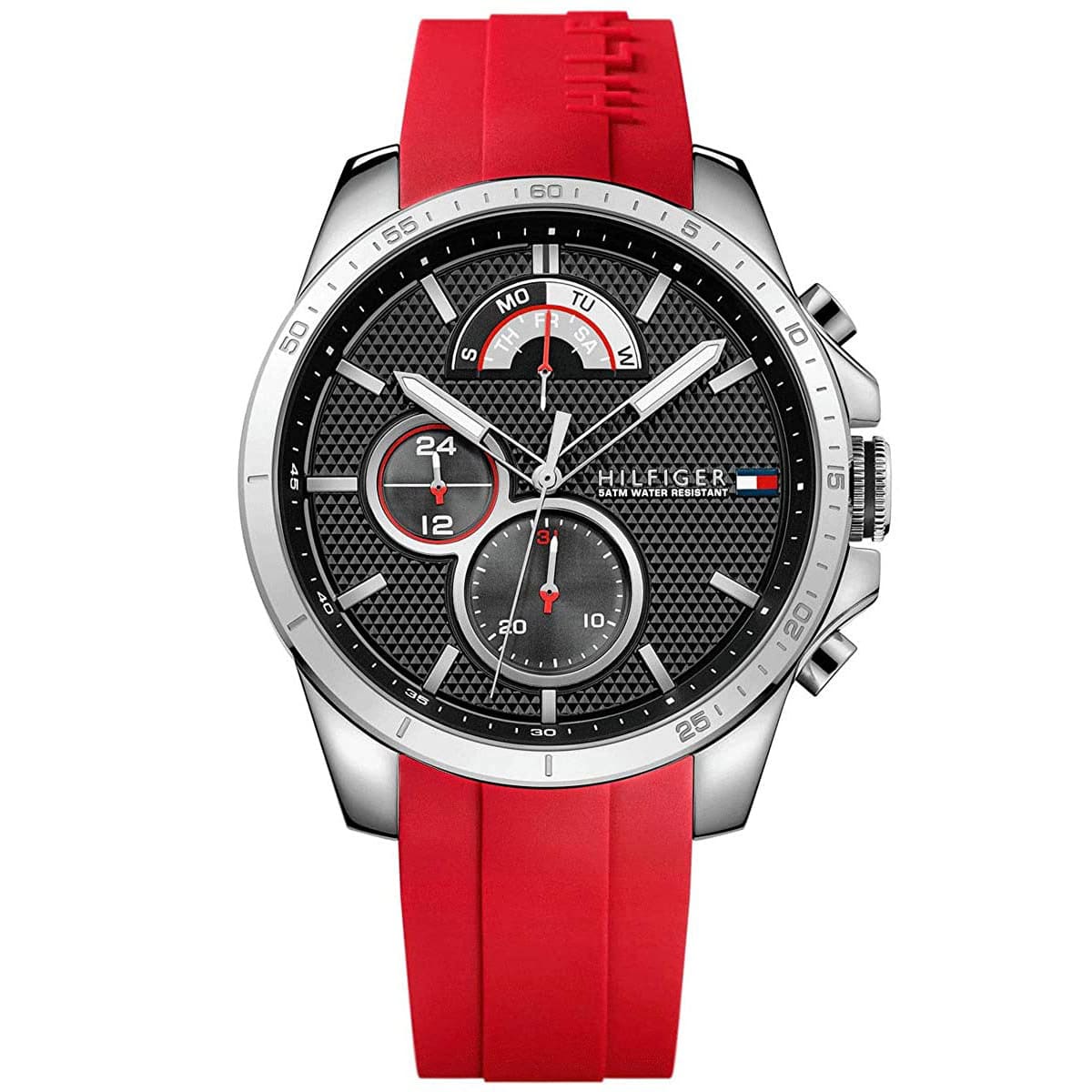 1791351 tommy hilfiger watch men black dial rubber red strap quartz analog day date month decker