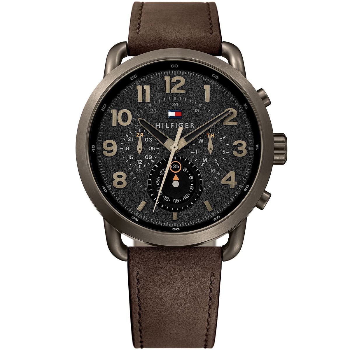 1791425 tommy hilfiger watch men black dial leather brown strap quartz battery analog monthly weekly date briggs