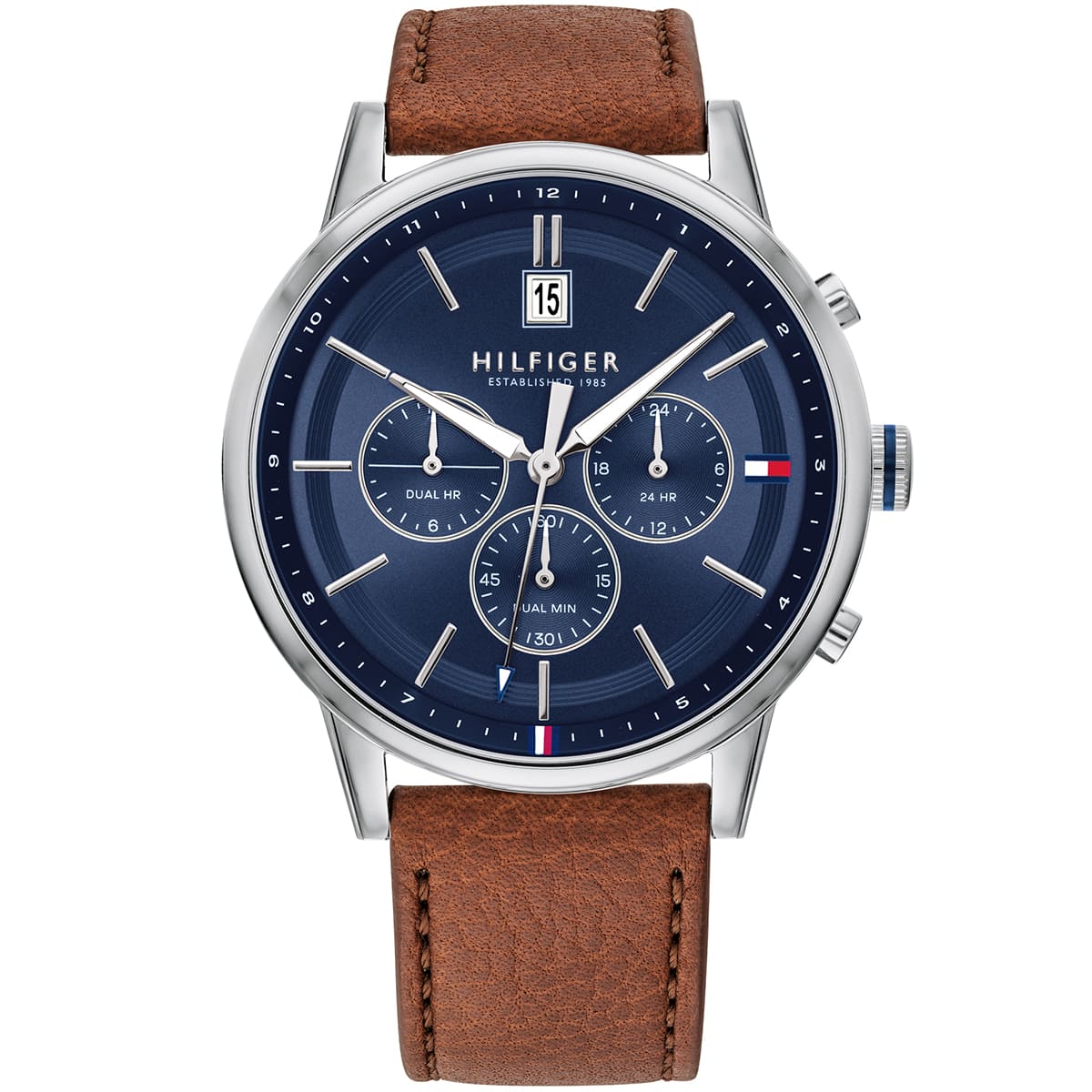 1791629 tommy hilfiger watch men blue dial leather brown strap quartz battery analog dual time kyle