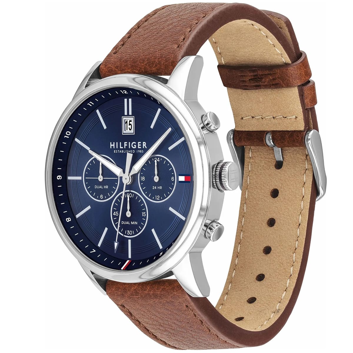 1791629 tommy hilfiger watch men blue dial leather brown strap quartz battery analog dual time kyle 3