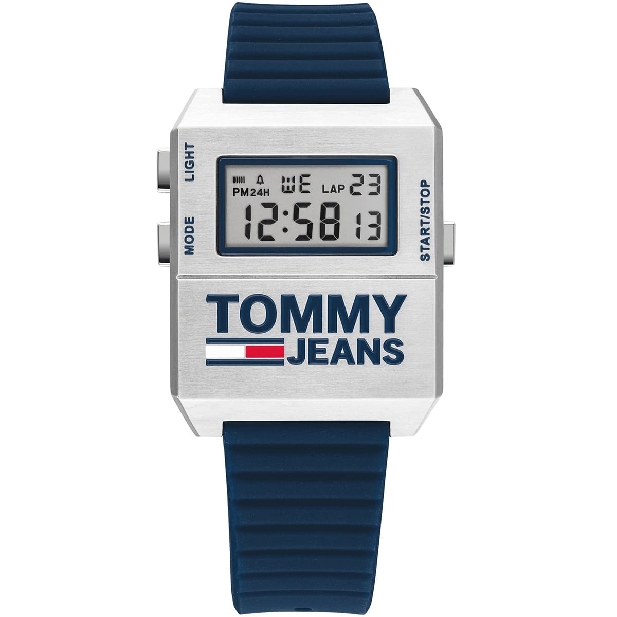 1791673 tommy hilfiger square watch men white dial rubber navy strap quartz battery digital chronograph jeans