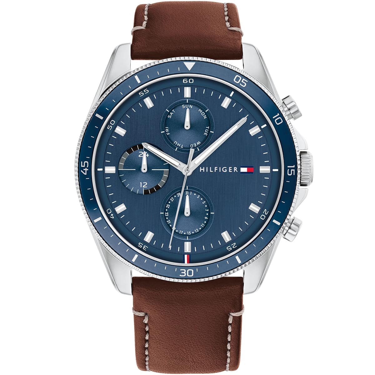 1791837 tommy hilfiger watch men blue dial leather brown strap quartz battery analog monthly weekly date parker