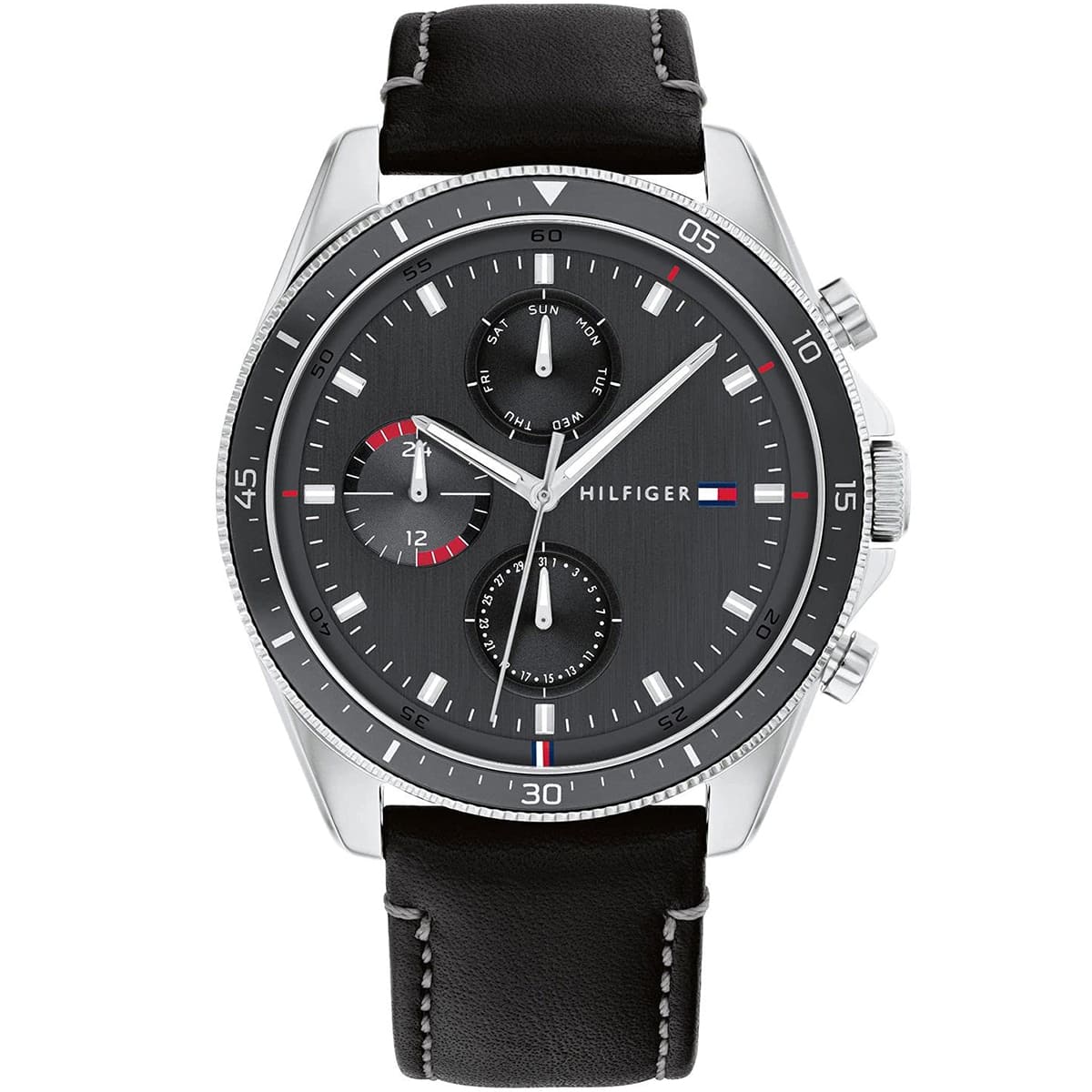1791838 tommy hilfiger watch men gray dial leather black strap quartz battery analog monthly weekly date parker