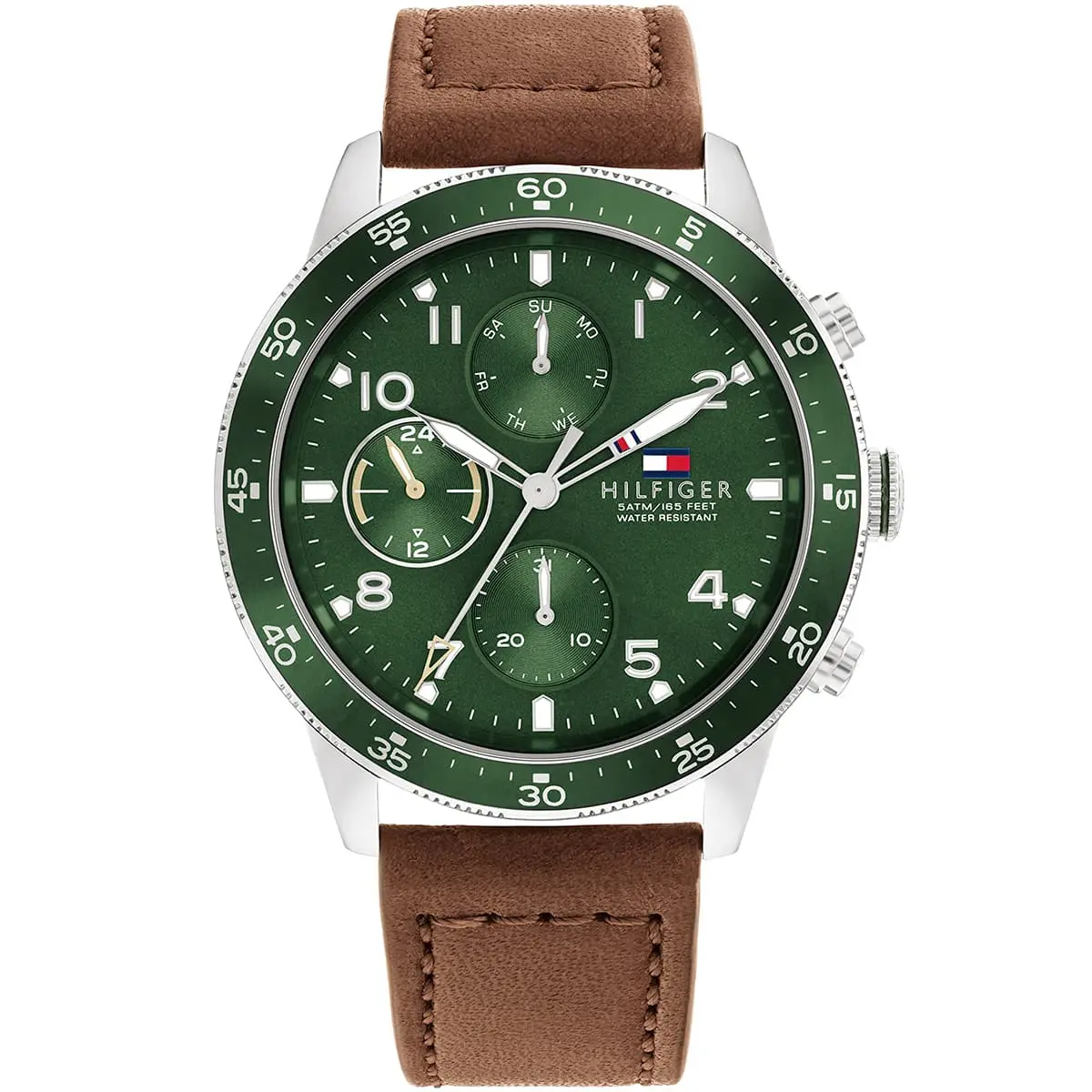 1791948 tommy hilfiger watch men green dial leather brown strap quartz analog chronograph 5atm 165feet water resistant jimmy
