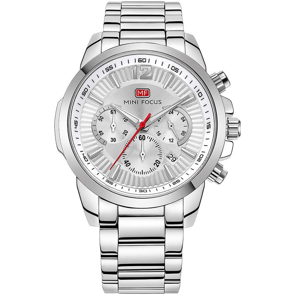 mf0087g 02 mini focus watch for men silver dial stainless steel metal strap quartz battery analog chronograph