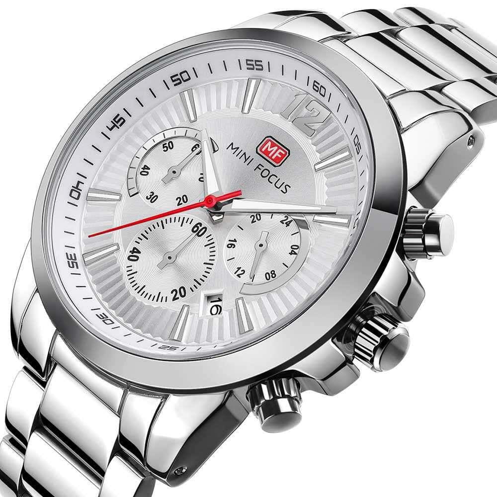 mf0087g 02 mini focus watch for men silver dial stainless steel metal strap quartz battery analog chronograph 2