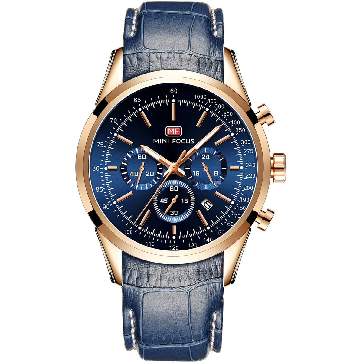 mf0116g 04 mini focus watch for men blue dial leather strap quartz battery analog chronograph