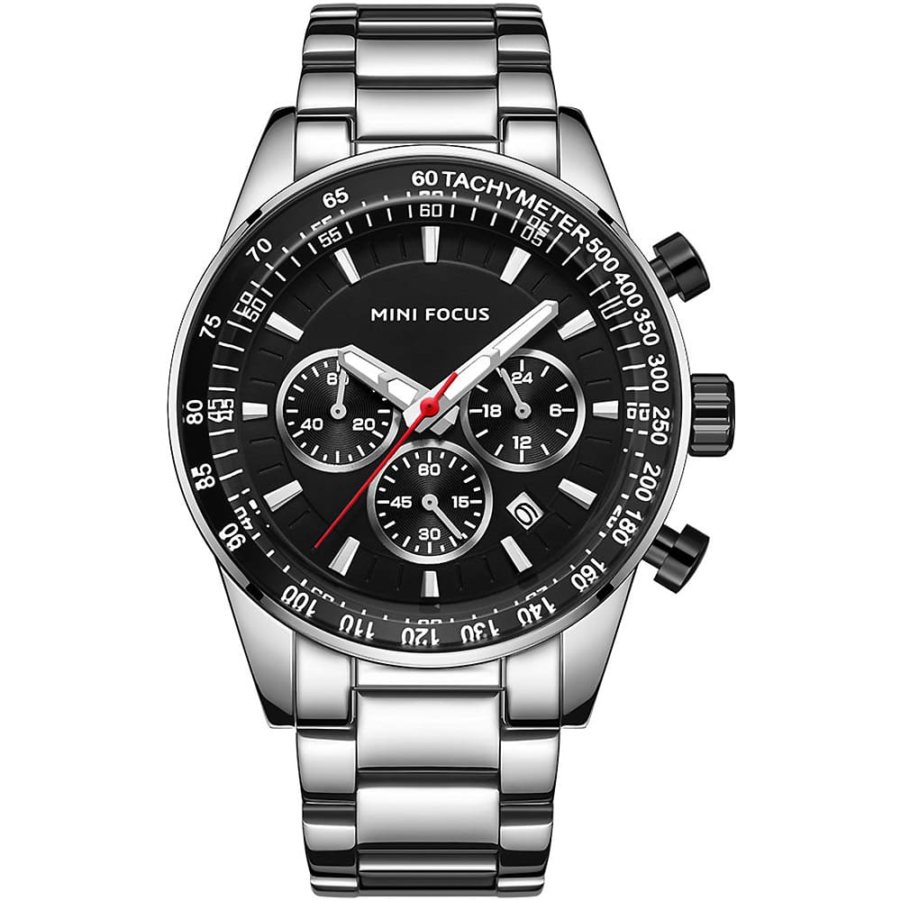 mf0187g 01 mini focus watch for men black dial stainless steel metal silver strap quartz battery analog chronograph