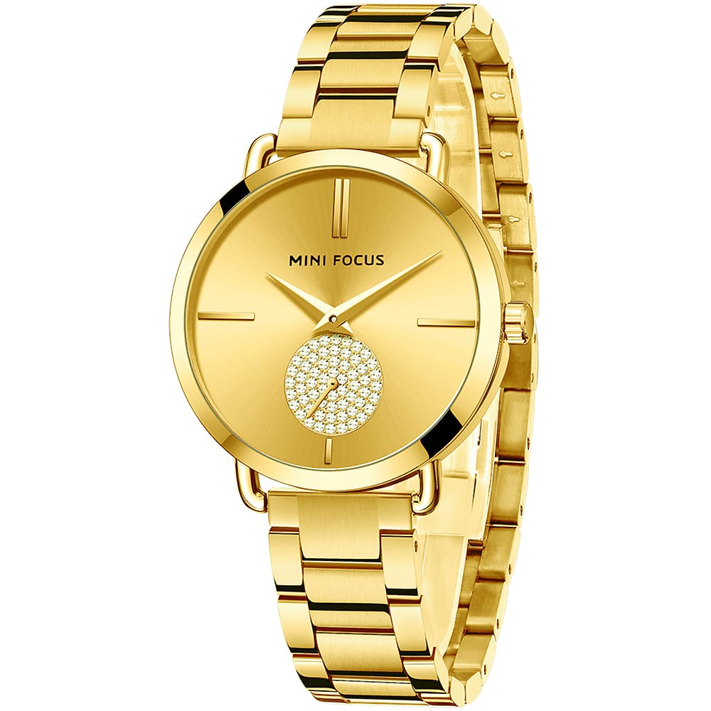mf0222l 02 mini focus watch for women gold crystals dial stainless steel metal golden strap quartz battery analog 3