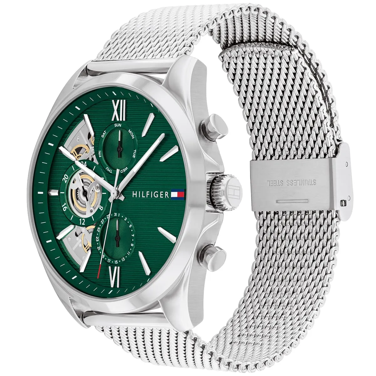 1710647 tommy hilfiger watch men green dial metal stainless steel silver strap quartz analog baker 2
