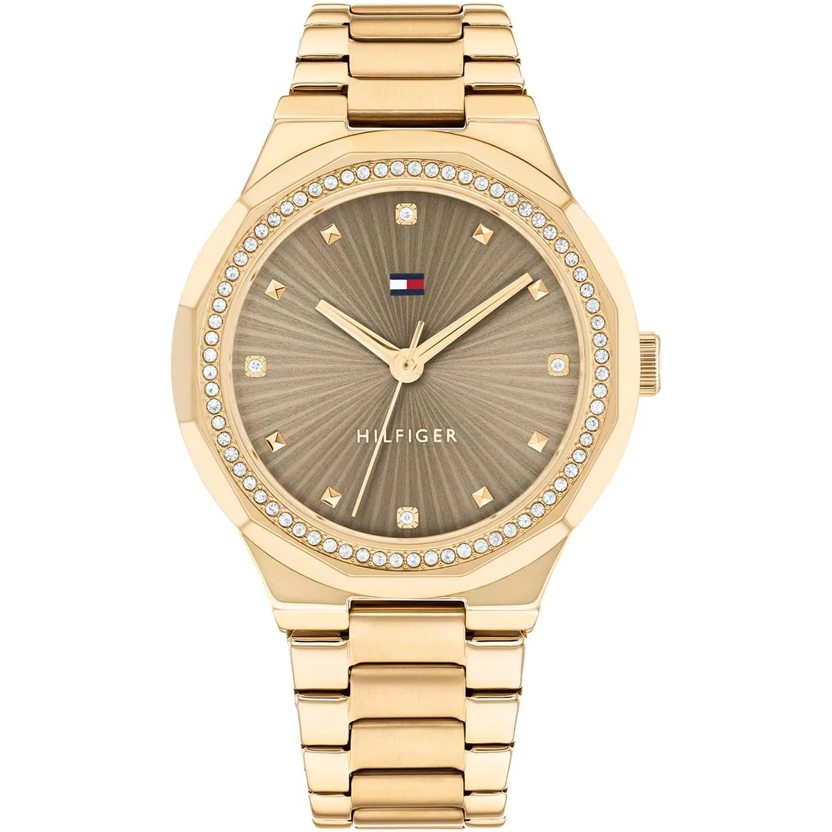 1782725 tommy hilfiger watch women crystals brown dial metal stainless steel gold strap quartz analog piper